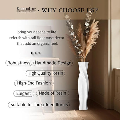 Tall Vases - 23.6" Tall Floor Vase for Home Decor, Floor Vases, Black Hexagon Twist Floor Vase, Fits Into Hay/Pampas Grass, Living Room, Office, Wedding Decor (White)