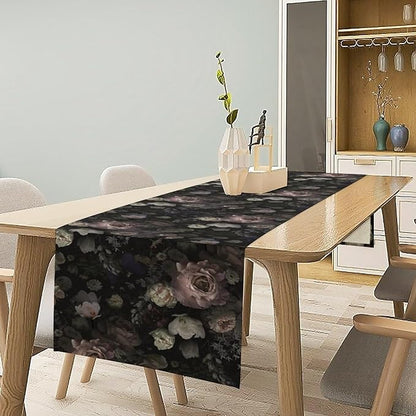 Gothic Floral Table Runner,Vintage Black Pink Rose Print Table Runner for Home Kitchen Table Dining Indoor Outdoor Party Decor 13x60 Inch