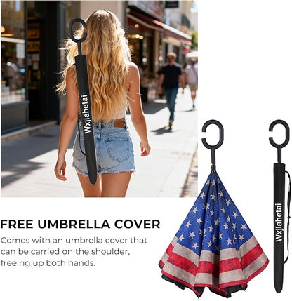 Inverted Umbrella, 49 Inch Double-Layer Vented Reverse Umbrella, Windproof Waterproof UV Protection, Lightweight C-Handle, Fiberglass Ribs, Steel Shaft, Travel/Commute/Car Use, With Sleeve