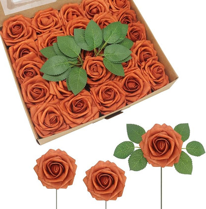50PCS Burnt Orange Artificial Flowers Realistic Roses, Real Looking Fake Roses with Stem for DIY Wedding Bouquets Centerpieces Bridal Shower Party Home Romantic Decorations (Burnt Orange, 50pcs)