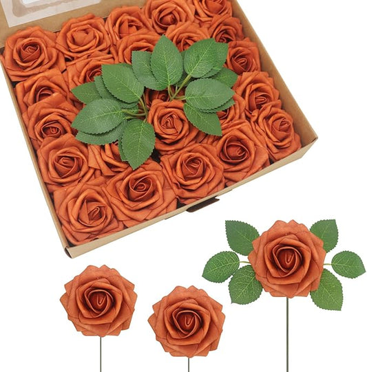 JOYLEX Artificial Flowers Realistic Roses, Real Looking Fake Roses with Stem for DIY Wedding Bouquets Centerpieces Bridal Shower Party Home Romantic Decorations (Burnt Orange, Regular 3" - 200pcs)