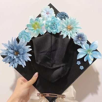 Artificial Flowers Heads Combo Blue Flowers Mix Silk Flowers Heads Bulk Faux Rose for Craft Garland Graduation Cap Wedding Bridal Baby Shower Home Party Decoration DIY Cake Decor