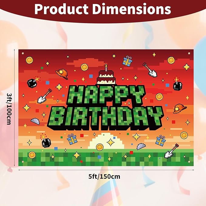 Pixel Theme Birthday Backdrop, 150x100cm/5x3ft Polyester Pre-Drilled Video Game Happy Birthday Banner Backdrop for Boys Girls Themed Party Favors & Decor Supplies