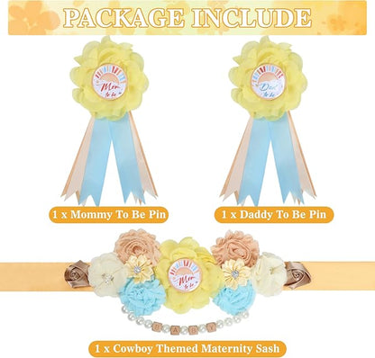INSYOHO Here Comes the Son Baby Shower Decorations - Adjustable Cartoon Bear Theme Maternity Belt with White Flowers Baby Shower Decorations, Gender Reveal Party Supplies for Mom to Be