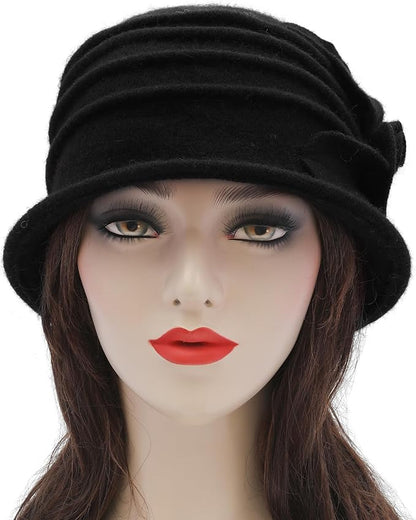 ZLYC Women Wool Cloche Bucket Hat 1920s Vintage Dress Winter Hats with Flower Accent