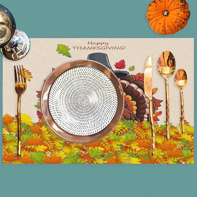 Thanksgiving Leaf Turkey Placemats Set of 1 PVC Vinyl Non Slip Table Mats Heat Resistant Place Mats Washable Wipeable Dining Table Mat for Kitchen Decor Party Indoor Outdoor Decorative Gift