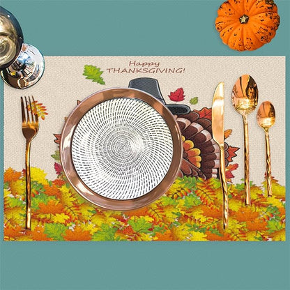 Thanksgiving Leaf Turkey Placemats Set of 1 PVC Vinyl Non Slip Table Mats Heat Resistant Place Mats Washable Wipeable Dining Table Mat for Kitchen Decor Party Indoor Outdoor Decorative Gift