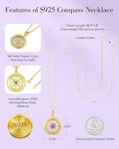 S925 Necklace Gift for Wife |Compass Jewelry |Women Anniversary |Sterling Silver |Girlfriend Birthday Gifts for Her Valentines |I'd be Lost without You |Jewel 18K Gold