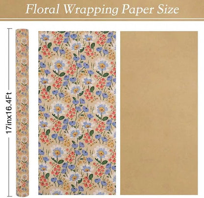 Aimyoo Watercolor Floral Kraft Wrapping Paper Roll, 17 inch x 16.4 ft All Occasion Vintage Flower Gift Wrap for Wedding Birthday Bridal Shower