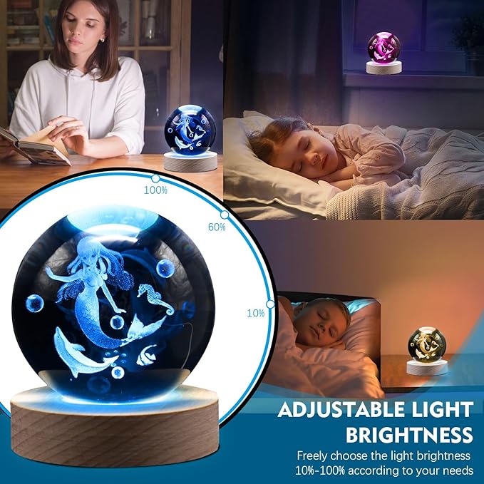 3.15in 3D Mermaid Nightlight, Mermaid Lamps for Girls Bedroom, Night Light, 16 Colors & Remote Controls Crystal Ball Lamp, Birthday Christmas Mermaids Gifts for Girls Kids