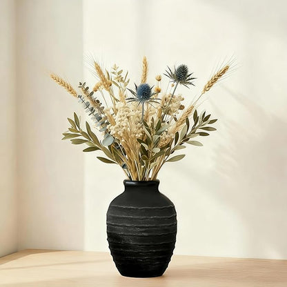 Ceramic Vase, 6.7 inch Ribbed Textured Minimalist Rustic Farmhouse Terracotta Vase for Home Decor, Table, Living Room, Entryway, Shelf, Mantel Decoration (Black)