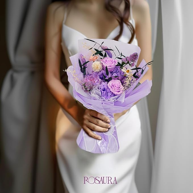 Rosaura Preserved Flowers Bouquets, Natural Real Roses for Delivery Prime, Forever Rose Bouquets Valentine's Day, Mother's Day, Christmas, Birthday Gifts-Light Purple (with vase)
