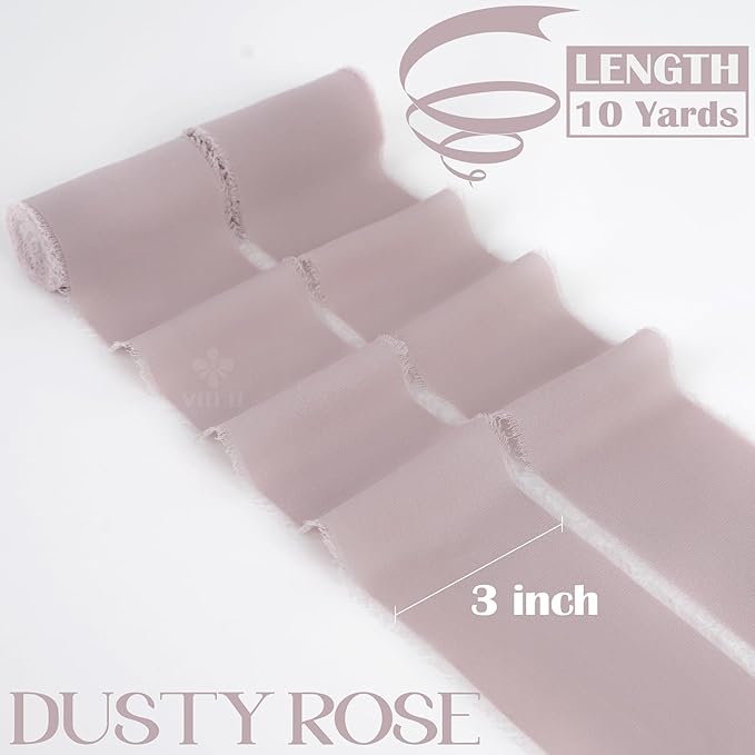 MEEDEE Dusty Rose Chiffon Ribbon 3 Inch Fringe Ribbons Pink Chiffon Silk Frayed Edge Ribbon Wide Chiffon Ribbons for Crafts, Flower Bouquet, Wedding Favors Wrapping (2 Rolls 10 Yards)