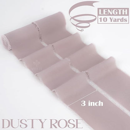 MEEDEE Dusty Rose Chiffon Ribbon 3 Inch Fringe Ribbons Pink Chiffon Silk Frayed Edge Ribbon Wide Chiffon Ribbons for Crafts, Flower Bouquet, Wedding Favors Wrapping (2 Rolls 10 Yards)
