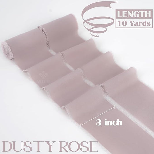 MEEDEE Dusty Rose Chiffon Ribbon 3 Inch Fringe Ribbons Pink Chiffon Silk Frayed Edge Ribbon Wide Chiffon Ribbons for Crafts, Flower Bouquet, Wedding Favors Wrapping (2 Rolls 10 Yards)