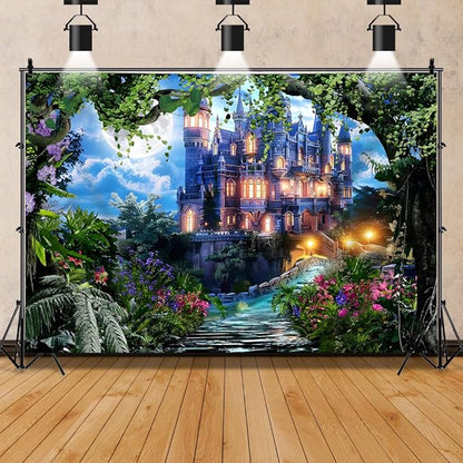 8x6ft Spring Fantasy Castle Palace Backdrop Vinyl Fairy Tale Prince Princess Flower Forest Wonderland Castle Photography Background Girl Home Decor Birthday Party Portrait Photo Props