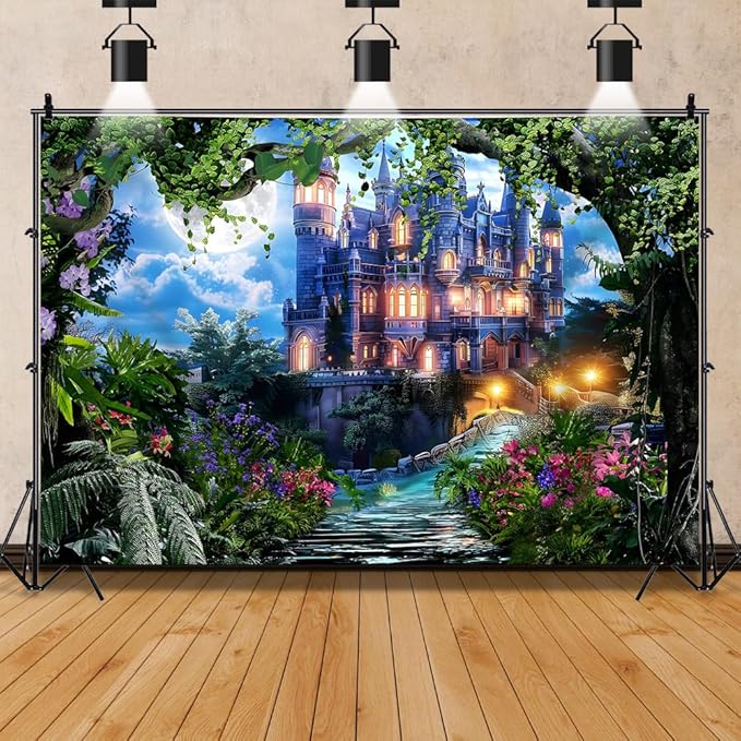 5x3ft Spring Fantasy Castle Palace Backdrop Vinyl Fairy Tale Prince Princess Flower Forest Wonderland Castle Photography Background Girl Home Decor Birthday Party Portrait Photo Props
