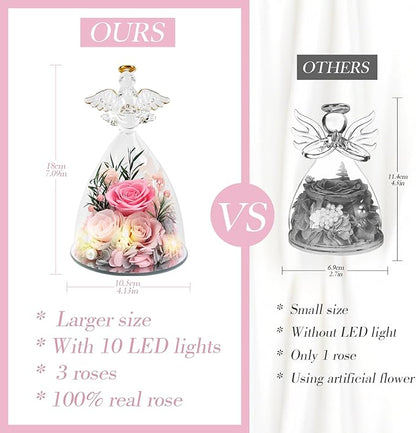 Casaido Christmas Rose Gifts for Women, 7" Pink Preserved Roses Flowers in Glass Angel Figurine, Birthday Gift for Mom Wife Grandma, Eternal Rose for Mothers Day Valentines Anniversary