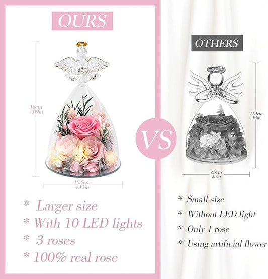 Casaido Christmas Rose Gifts for Women, 7" Pink Preserved Roses Flowers in Glass Angel Figurine, Birthday Gift for Mom Wife Grandma, Eternal Rose for Mothers Day Valentines Anniversary