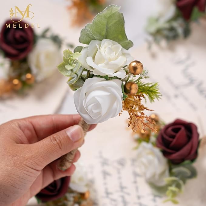 Meldel Boutonniere for Men Wedding,Set of 6,Groom and Groomsman Boutonniere for Wedding,Greenery Rose Corsage for Men Ceremony Anniversary Party Prom Homecoming,Burgundy White