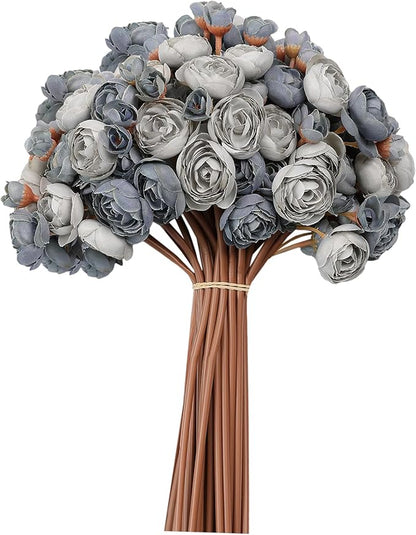 Meldel 32Pcs Ranunculus Artificial Flower, Dusty Blue Mini Rose Faux Ranunculus Flowers for DIY Bouquet, Bulk Fake Peony Wedding Filler Flowers for Centerpieces Arrangements Bridal Shower Decorations