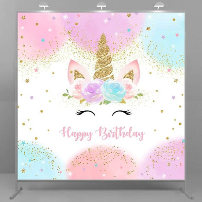 Mocsicka Unicorn Birthday Decorations Unicorn Backdrop for Girls Birthday Party 8x8ft Pastel Rainbow Unicorn Glitter Stars Dots Happy Birthday Banner Photo Booth Props