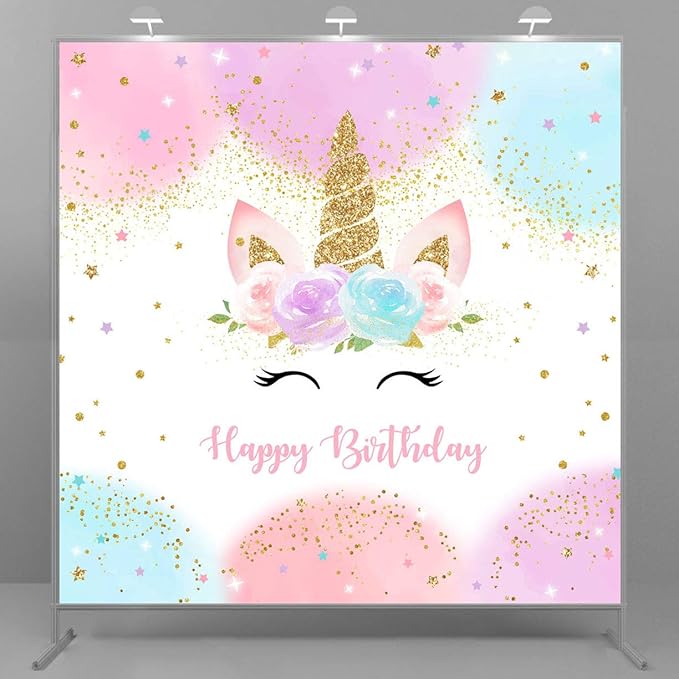 Mocsicka Unicorn Birthday Decorations Unicorn Backdrop for Girls Birthday Party 6x6ft Pastel Rainbow Unicorn Glitter Stars Dots Happy Birthday Banner Photo Booth Props