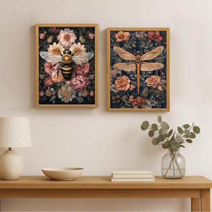 LLEEMPI William Morris Wall Art, Vintage Dragonfly Floral Wall Decor, Abstract Insect Flower Canvas Painting, Nature Botanical Poster Print for Living Room Bedroom Bathroom Office Wood Framed 16x24 inch
