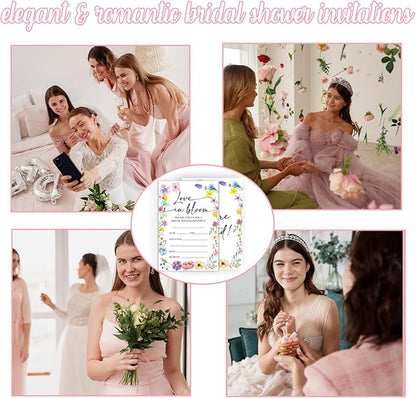 Bridal Shower Invitations, Love In Bloom Invites with Envelopes, 4x6 Inches Floral Invite Card for Wedding Shower, Newlyweds, Party Favor & Decorations-A01