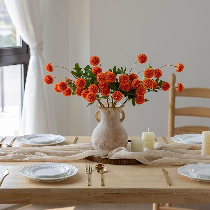 mizii 6Pcs Orange Fake Silk Pompon Mum Artificial Flowers Bulk Small Faux Chrysanthemums with Stems Realistic Floral Decorations for Wedding DIY Bouquet Centerpieces Shower Vase Home Decor (Orange)