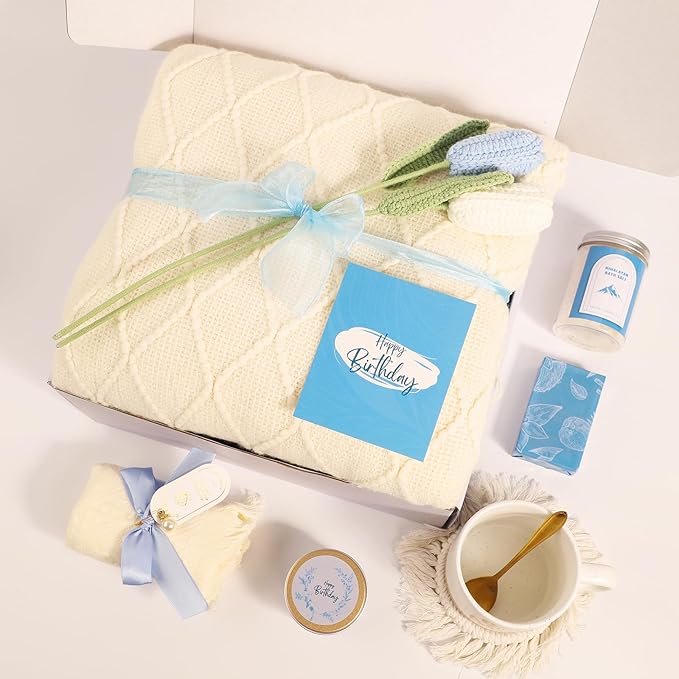 Birthday Gifts for Women, Happy Birthday Gifts for Mom, Her, Sister, Best Friend, Girlfriend, Coworker, Wife Bday Gift Ideas, Unique Relaxing Spa Birthday Gift Basket for Women Care Package w/Blanket