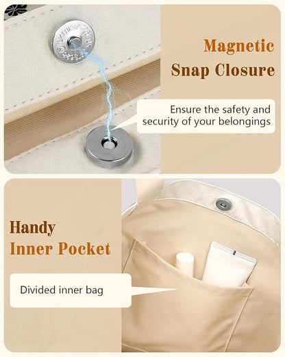 Aesthetic Cotton Tote Bag for Women - Reusable Shoulder Bag with Buckle Fabric Bag for Gym, Travel, Work
