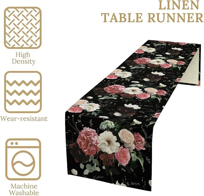 Floral Table Runner,Vintage Gothic Flowers Plant Prints Table Runner for Home Kitchen Table Decor Dining Coffee Room Party Decor 13x108 Inch
