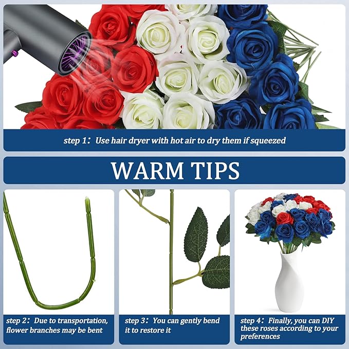 30pcs Fake Roses Artificial Silk Flowers Long Stems Bouquet for Wedding Bridal Shower Party Home Decoration (Red,White,Blue)