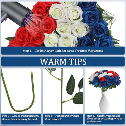 30pcs Fake Roses Artificial Silk Flowers Long Stems Bouquet for Wedding Bridal Shower Party Home Decoration (Red,White,Blue)