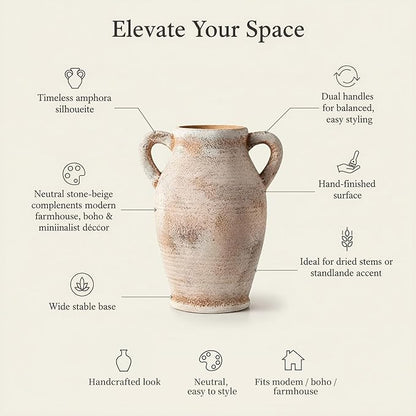 8.1-Inch Terracotta Ceramic Flower Vase with Handles, Rustic Farmhouse Boho Pottery Centerpiece for Table, Living Room & Shelf