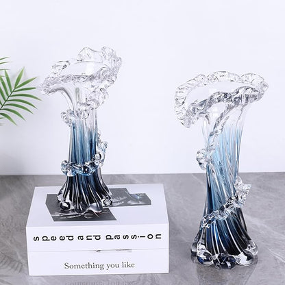 9.8" H Blue Blown Glass Vase, Modern Art Hand Blown Coastal Vase,Beautiful Unique Ocean Wave Centerpieces for Living Room, Bedroom, Office Desktop,Coffee Table and Wedding Decorative (M)
