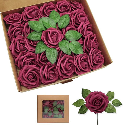 Artificial Roses Flowers 100pcs Wine Red Real Looking Foam Fake Roses with Stems for DIY Wedding Bouquets Bridal Shower Centerpieces Party Decorations (100, Wine Red)