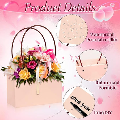 ZSDRTYU Kraft Paper Flower Gift Bags, 12 Pack Floral Gift Bags Wedding Floral Paper Flower Packing bag, Bouquet Bag Box With Handle Waterproof Flower Boxes For Wedding Birthday, Black, Pink