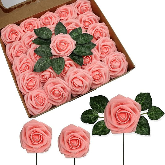 JOYLEX Artificial Flowers Realistic Roses, 50pcs Real Looking Fake Roses with Stem for DIY Wedding Bouquets Centerpieces Bridal Shower Party Home Romantic Decorations (Regular 3" - 50pcs, Pink)