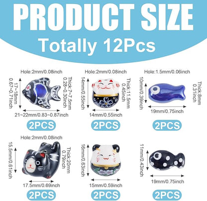 Beadthoven 12pcs Lucky Animal Ceramic Beads 3D Black Blue Handmade Porcelain Craft Beads Cute Fish Cat Shaped Floral Printed Animal Spacers for DIY Crafts Bracelet Earring Necklace Jewelry Making
