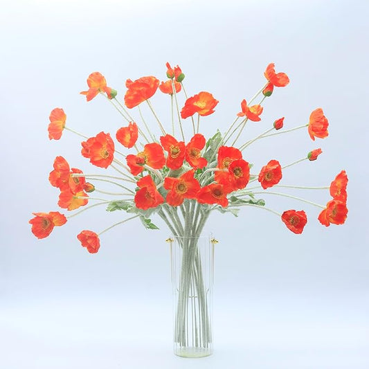 2 Pcs Artificial Fake Flowers Plants Poppies Silk Flower Arrangements Wedding Bouquets Decorations Plastic Floral Table Centerpieces for Home Kitchen Garden Party Decor Approx 23.6" High - Dark Orange