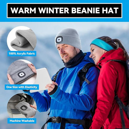 Christmas Stocking Stuffers for Men Adults, Beanie Hats with Light, USB Rechargeable LED Hand Free Headlamp, Birthday Gifts for Men, Women, and Teens, Ideal for Camping, Hiking, 2 Pack, Grey