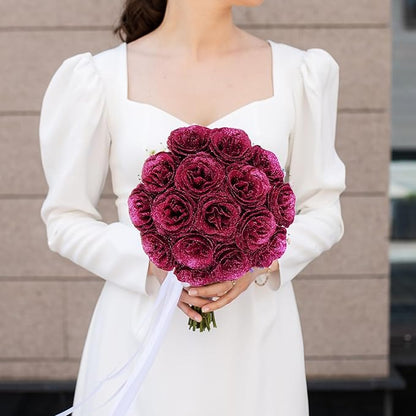 Glitter Flowers,30PCS Artificial Roses with Stems Silk Roses Artificial Flowers for Crafts Wedding Bouquet Home Decoration(Rose Red)