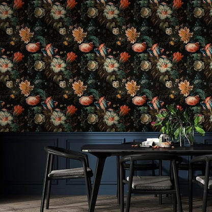 Vintage Gold Yellow Floral Peony Pink Orange White Flower Peel and Stick Wallpaper Easy Peel Off Contact Paper Stick on Adhesive Wall Paper for Bathroom Waterproof Renter Friendly