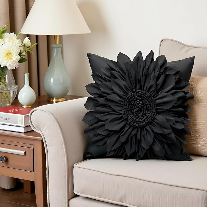 Bella's Giftshop Black Decorative Throw Pillow Covers 18x18 Inch for Bed Sofa Couch, Handmade 3D Accent Sunflower Floral Pillowcase, Living Room Decor