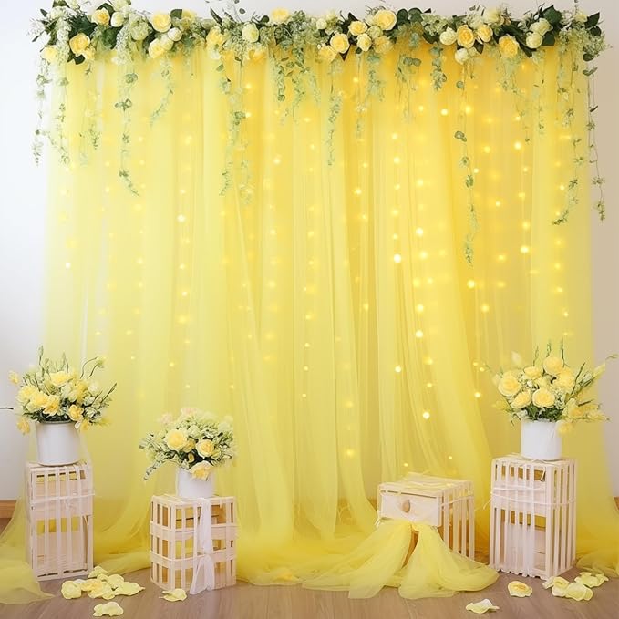 10ft x 10ft Yellow Backdrop Curtain with Lights String for Parties, Sheer Tulle Wedding Photo Backdrops Drapes for Baby Shower Birthday Party Decorations Background for Photography