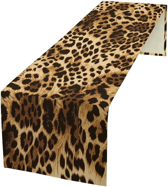 Leopard Skin Print Table Runner, Vintage Cottage Country Farmhouse Wildlife Safari Animal Skin Dinner Runner for Home Kitchen Dining Table Party Holiday Decor 13x70in