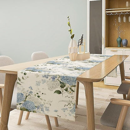 Blue Floral Table Runner, Spring Summer Watercolor Hydrangea Flower Butterfly Country Farmhouse Coffee Table Center Decor for Home Kitchen Dining Patio Holiday Party Table Decorations 13x108 inches
