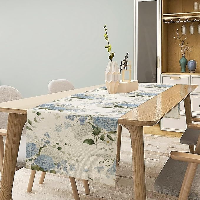 Blue Floral Table Runner, Spring Summer Watercolor Hydrangea Flower Butterfly Country Farmhouse Coffee Table Center Decor for Home Kitchen Dining Patio Holiday Party Table Decorations 13x90 inches